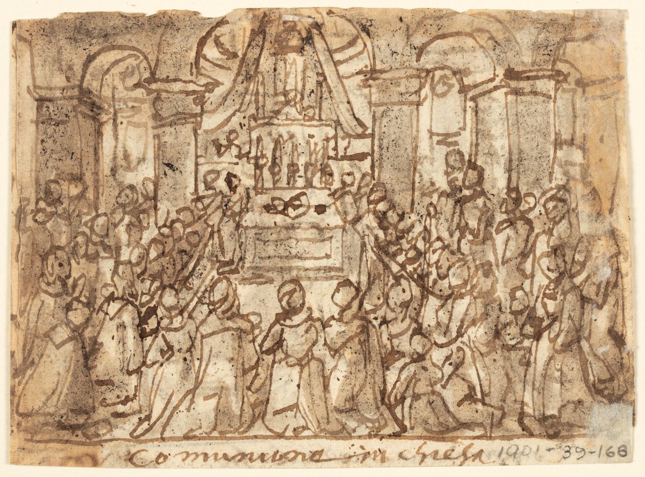 Pagina di schizzo con comunione in chiesa e a casa da Jan van der Straet, called Stradanus