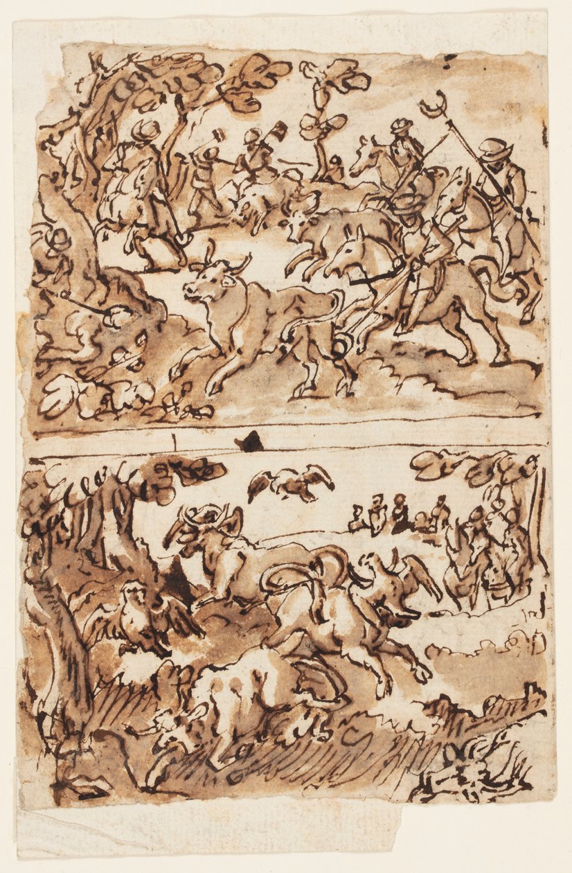 Pagina di taccuino con cacce al toro da Jan van der Straet, called Stradanus