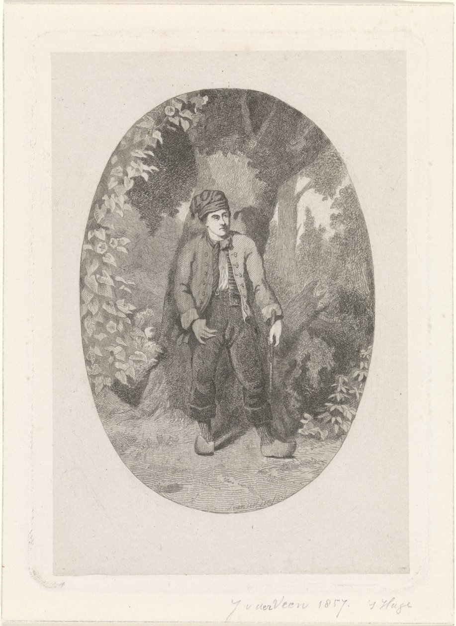 Uomo vicino a un albero in una foresta da Jan van der Veen (prentmaker)