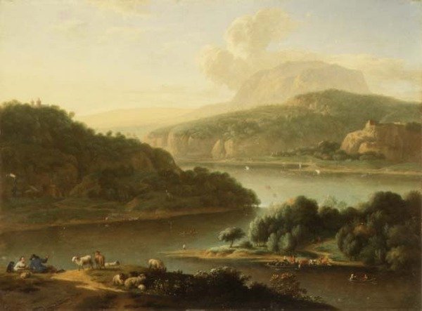 Paesaggio fluviale con pastore e contadina in primo piano da Jan van der the Younger Meer