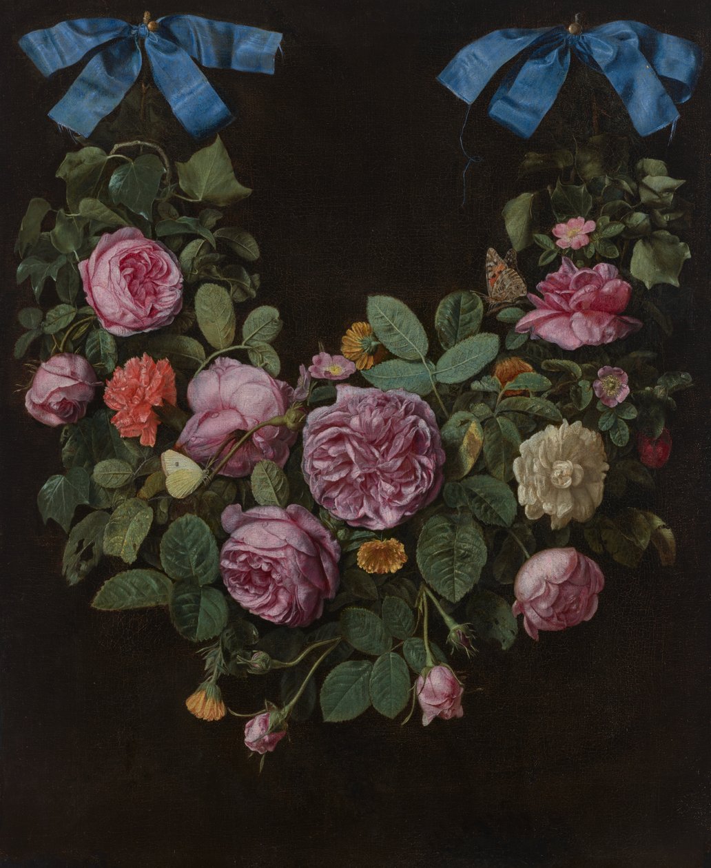 Ghirlanda di rose sospesa da nastri blu da Jan van the Elder Kessel