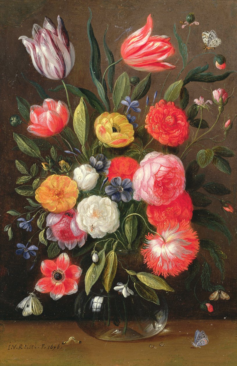 Tulipani, Rose, Anemoni e altri Fiori in un Vaso di Vetro con Farfalle e un Bruco su una Mensola da Jan van the Elder Kessel