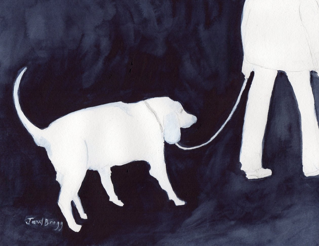 Uomo che porta a spasso il cane in Indaco II, c. 2018 (acquerello e matita su carta) da Janel Bragg