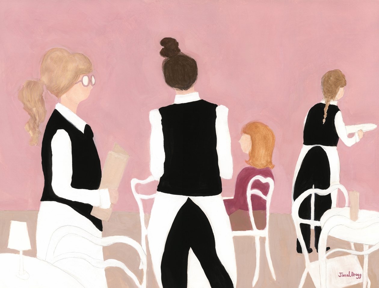 Cameriere del Caffè Sabarsky in rosa e beige, 2024 circa (acquerello su carta) da Janel Bragg