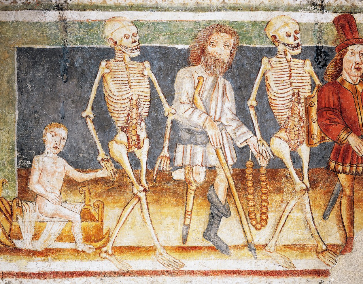 Chiesa fortificata di Hrastovlje, Chiesa della Trinità, La Morte accompagna il bambino e il povero, Danza della Morte (1490), dettaglio dagli affreschi di Janez Iz Kastva (1490), Slovenia da Janez Kastav