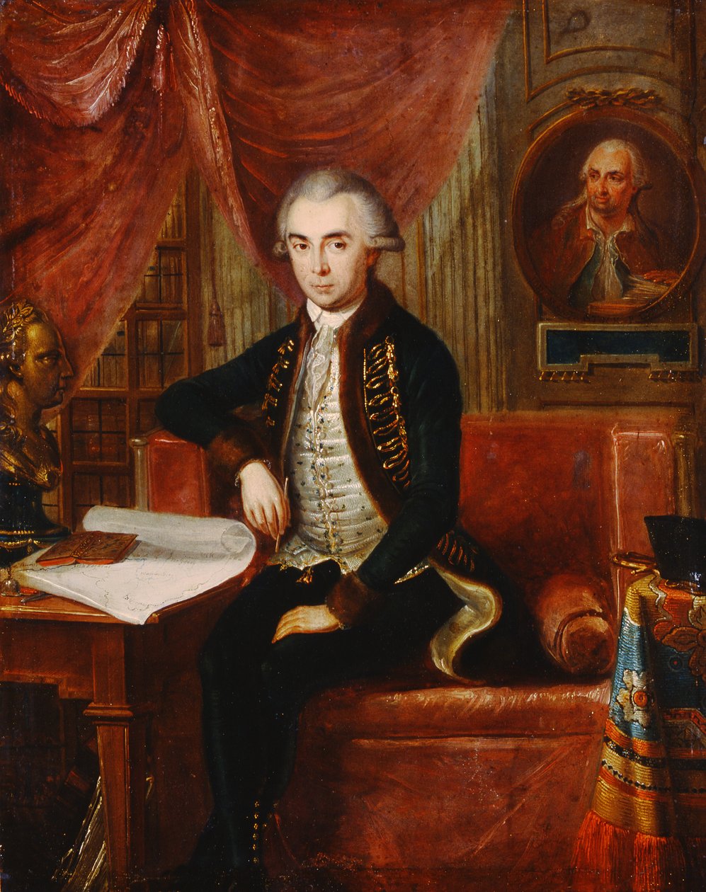 Ritratto di Samuel Teleki con un ritratto ovale di Samuel Bruchental sullo sfondo da Janos Marton Stock