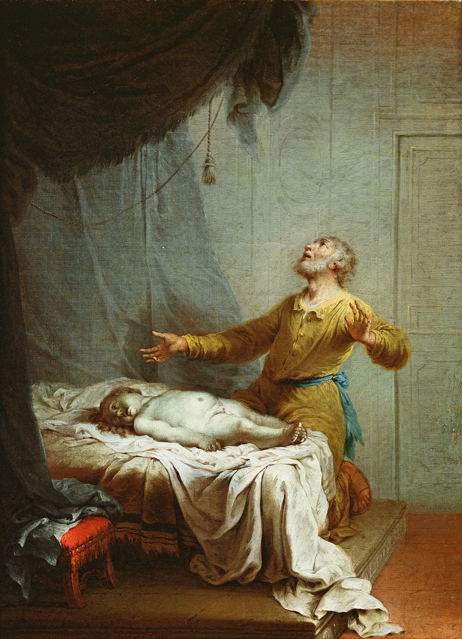 Elia, in ginocchio, invoca il Signore per resuscitare il figlio della vedova di Sunem da Januarius Zick