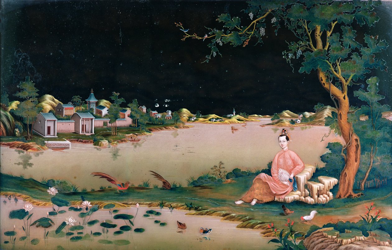 Dipinto su specchio giapponese che mostra una ragazza seduta, c.1800 da Japanese School