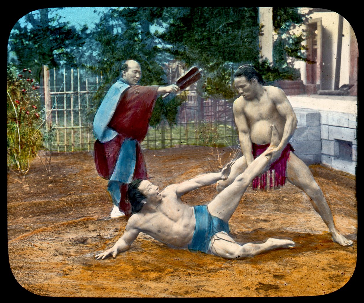 Diapositiva della Lanterna Magica di lottatori di sumo. 1895 da Japanese School