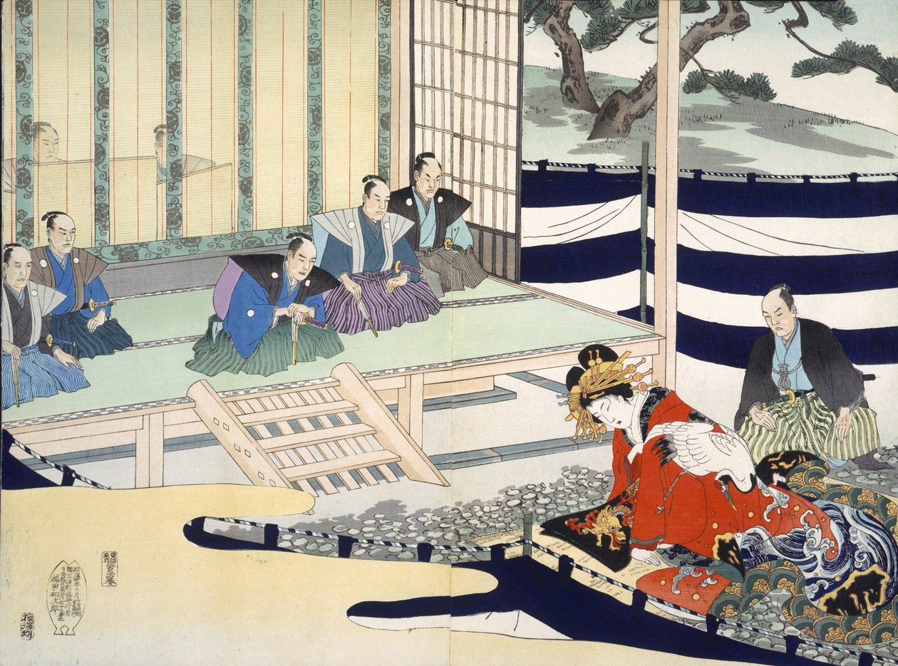 Un uomo interroga una donna, da un album di xilografie del XIX secolo da Japanese School