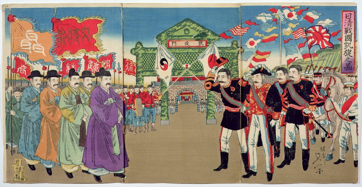 Un incontro tra ufficiali giapponesi e funzionari coreani, un episodio della guerra sino-giapponese, fine XIX secolo da Japanese School