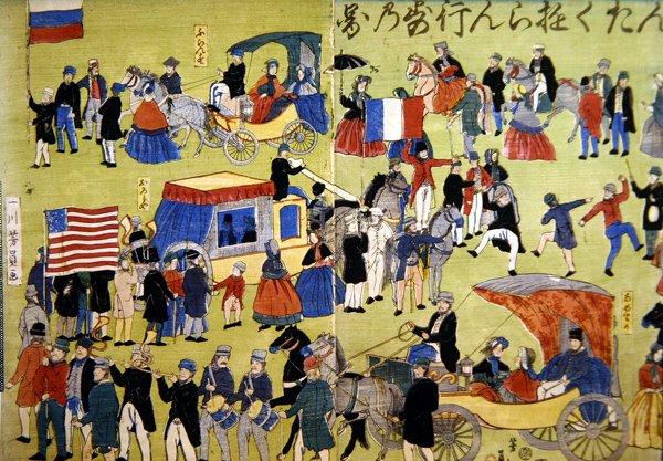 Visitatori americani, olandesi e francesi che arrivano a Yokohama in Giappone, c.1860 da Japanese School