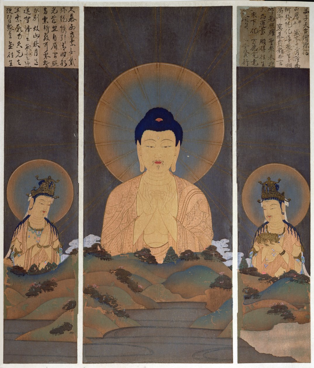 Apparizione della Trinità Buddhista, Buddha Amitabha e i suoi due Bodhisattva, Kannon (Compassione) e Seishi (Saggezza) sulla montagna, illustrazione dalla rivista 
