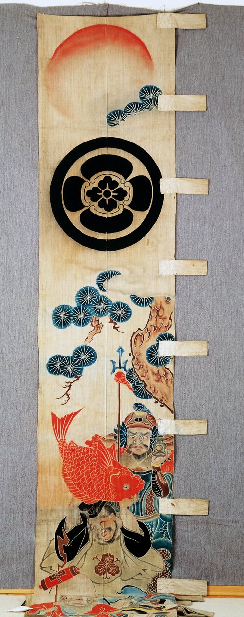 Banner (nobori), dettaglio dei motivi dei Sette Dei della Fortuna, stemmi di famiglia, fiore in cerchio, in cotone, tinto in riserva con amido di riso, con pigmenti, inchiostro, sostanze chimiche, inchiostro, civiltà giapponese, periodo Meiji-Taisho, XX se da Japanese School