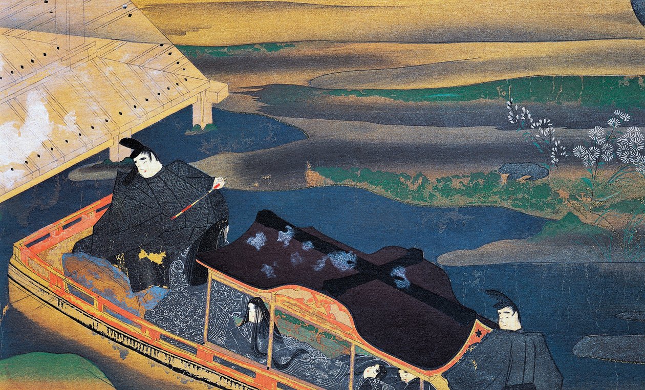 Barca al chiaro di luna, illustrazione dal Diario di Murasaki Shikibu, civiltà giapponese da Japanese School