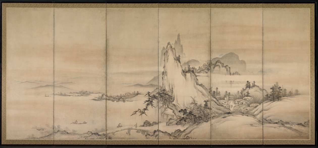 Paesaggio cinese, uno di un paio di schermi a sei pieghe da Japanese School