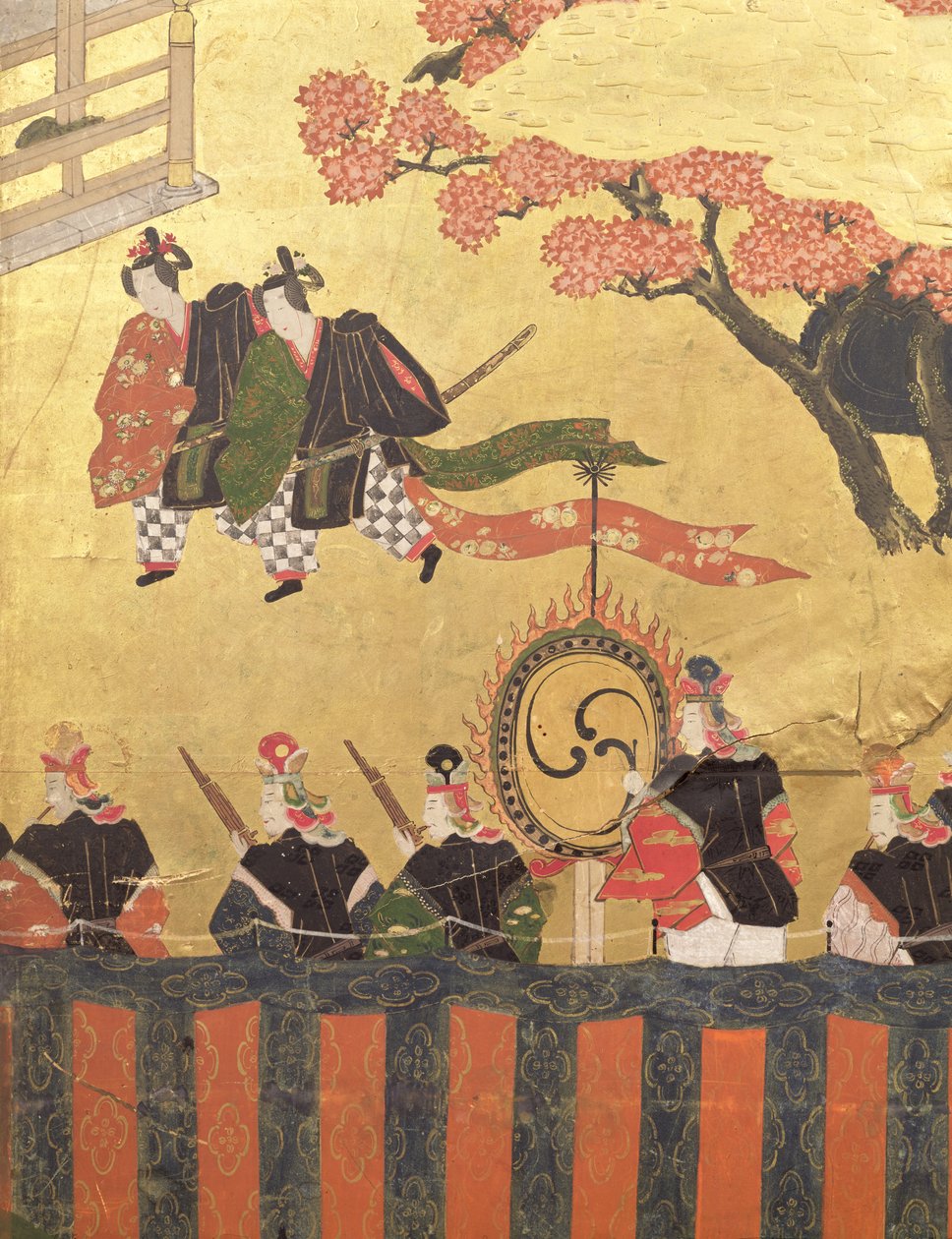 Dettaglio di uno schermo a quattro foglie che raffigura due cortigiani che indossano kazaritachi e soldati, Scuola Tosa, Periodo Edo da Japanese School