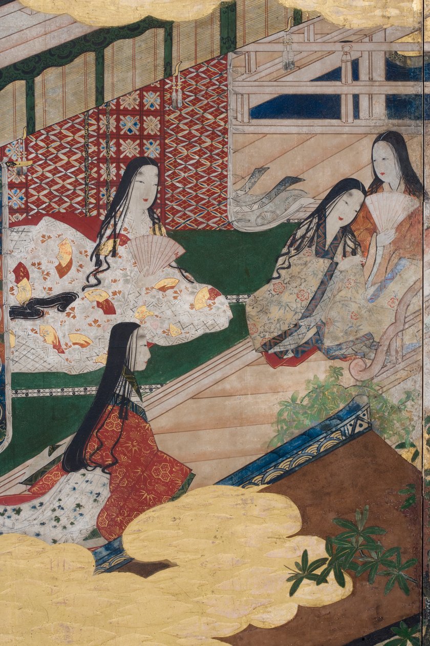 (dettaglio) Primavera nel Palazzo, schermo a sei pieghe da Il Racconto di Genji, c.1650 (inchiostro, colori e oro su carta) da Japanese School