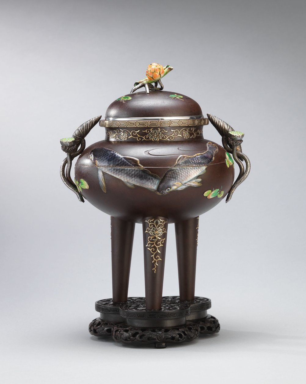 Bruciatore di incenso in ferro smaltato e metallo morbido, sigillato Koichi Shin (Takasaki Koichi), Periodo Meiji da Japanese School