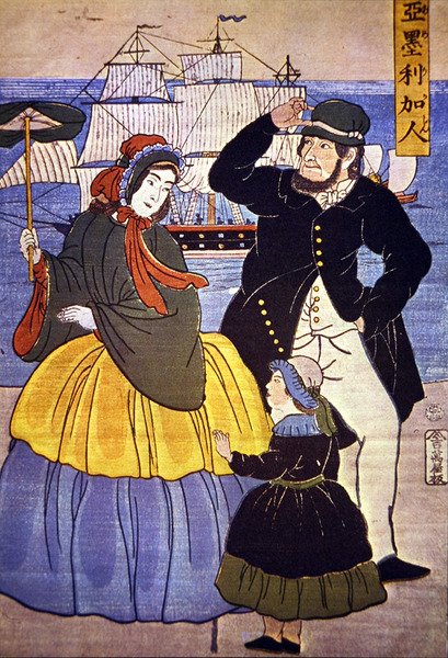 Famiglia europea sul fronte del porto di Yokohama dipinta da un artista giapponese nel 1861 da Japanese School