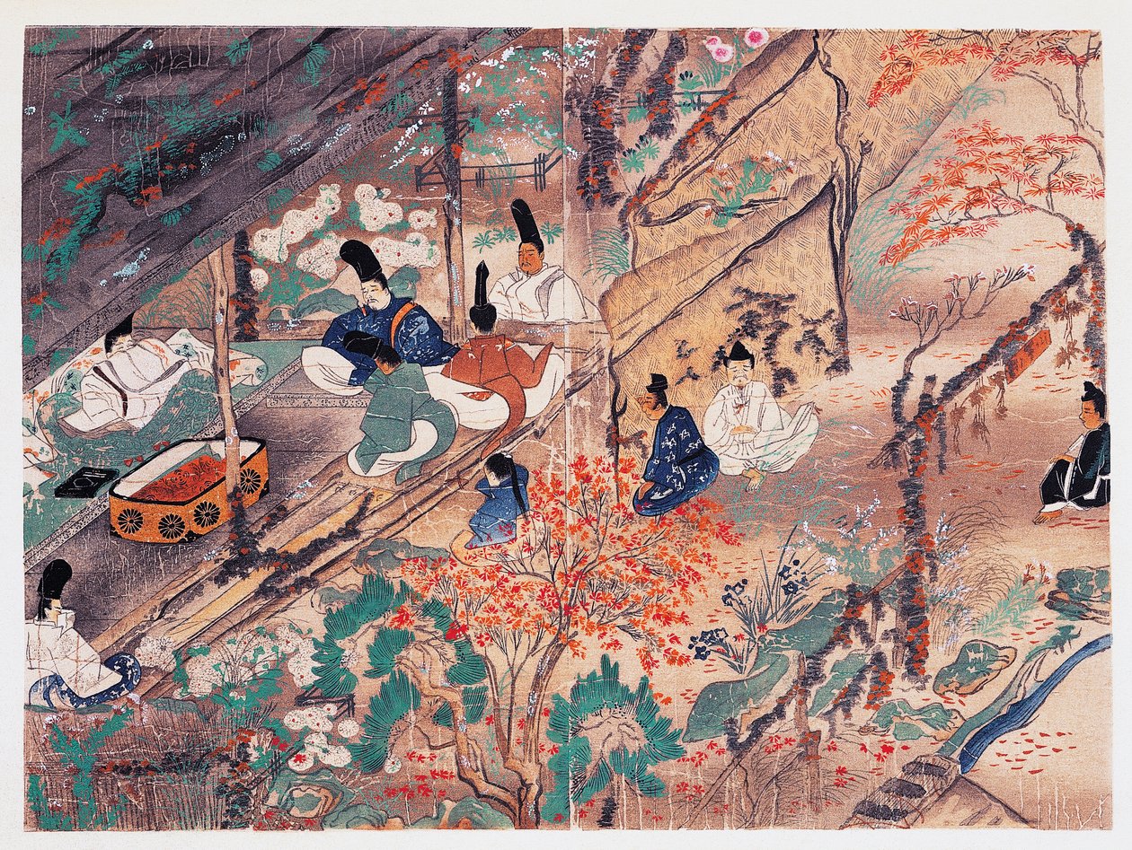 Statista e poeta Heian Sugawara Michizane, noto come Tenjin-San, in esilio nel santuario Kitano Tenman-Gu a Kyoto divide i vestiti donati dall