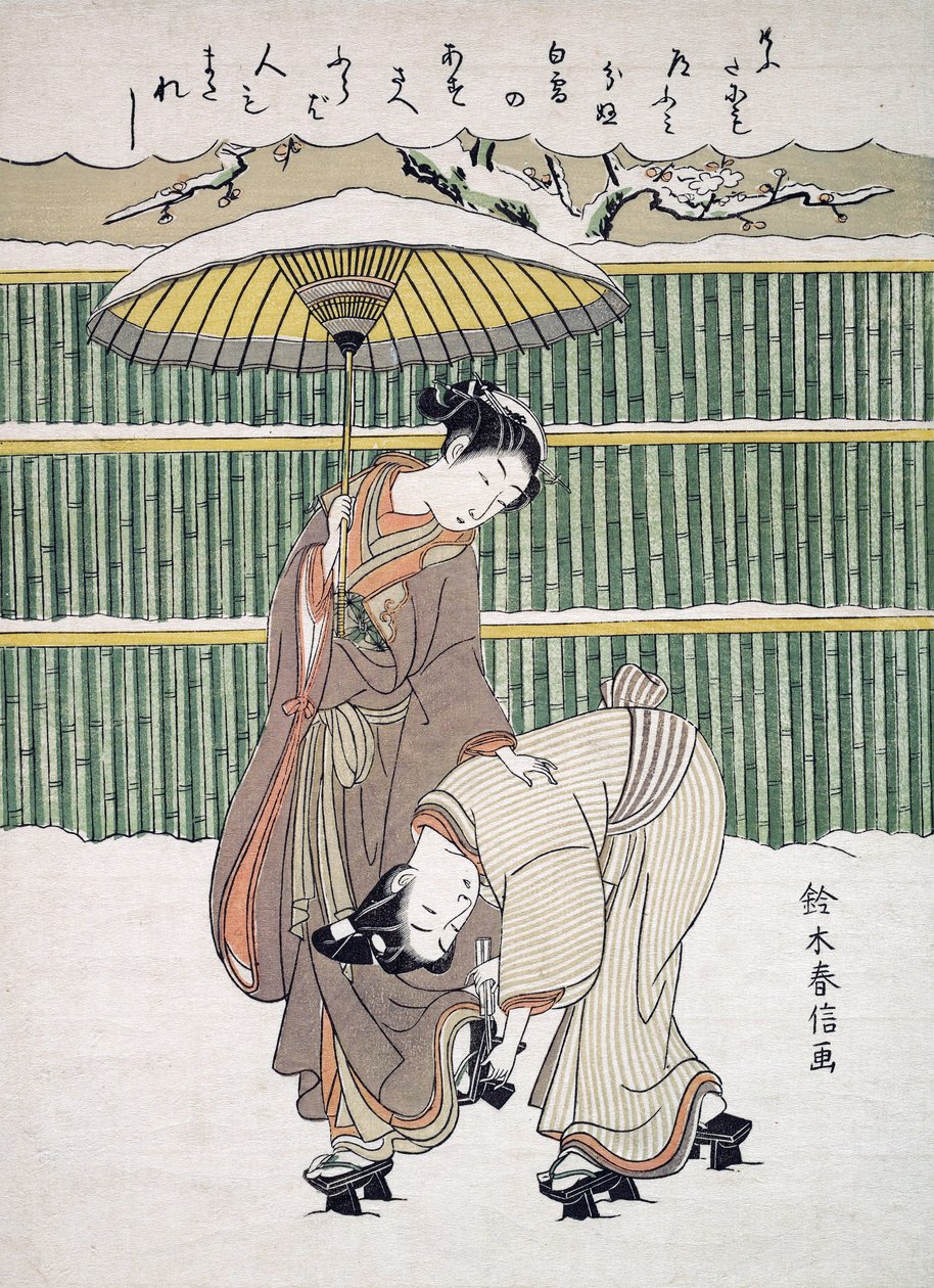 Amanti giapponesi che camminano nella neve, pub. c. 1768 da Japanese School