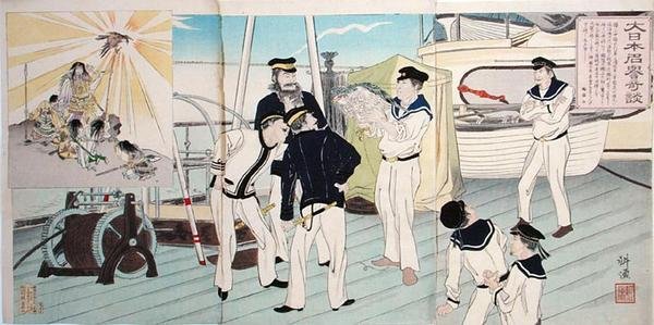 Marinai giapponesi che ammirano la loro mascotte aquila, un episodio della guerra sino-giapponese, fine XIX secolo (stampa a blocchi di legno a colori) da Japanese School