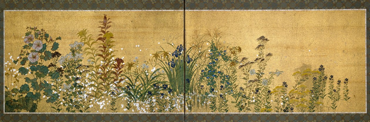 Arte giapponese: pannelli di schermo decorati con fiori da Japanese School