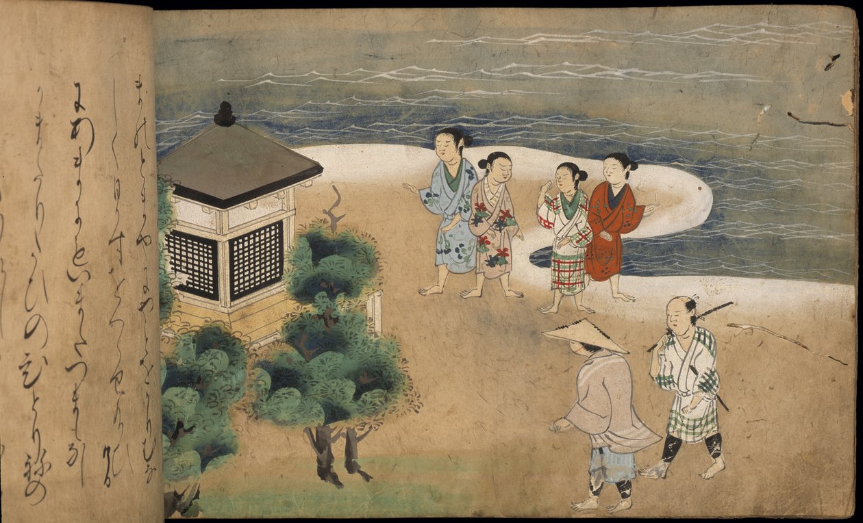 Uomini giapponesi vicino a una pagoda, illustrazione dal 