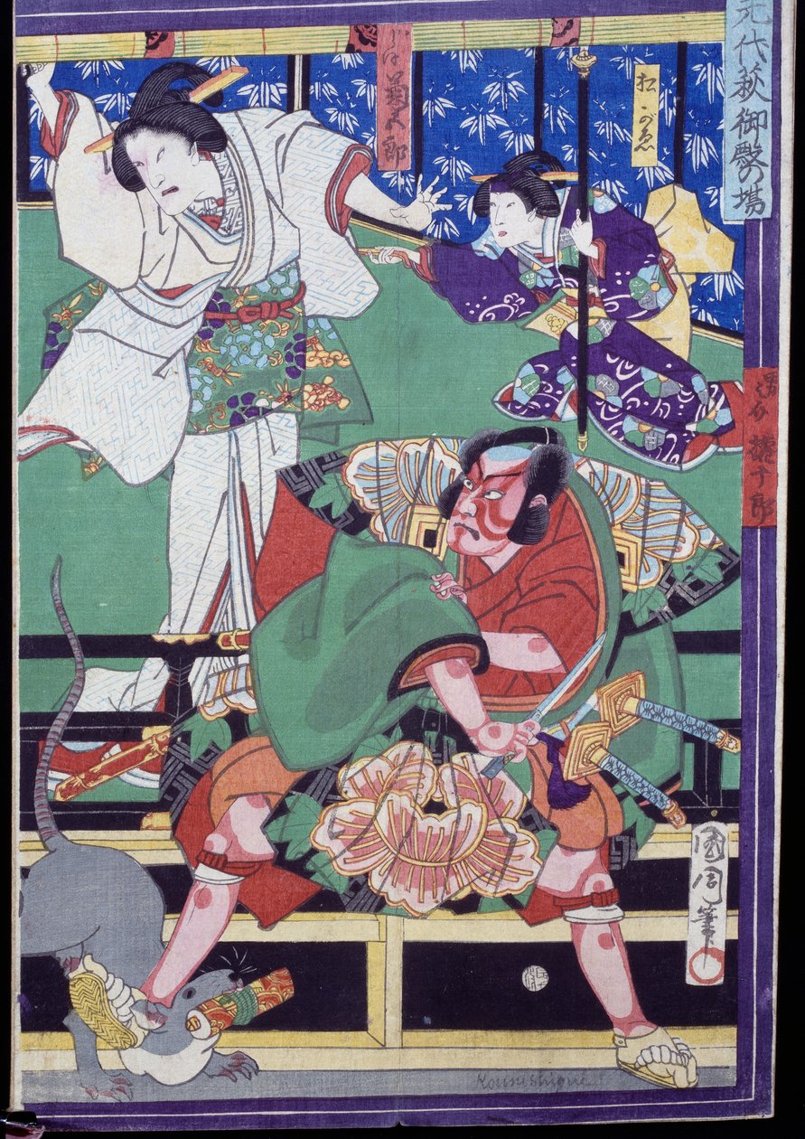 Amanti decidono di suicidarsi, scena del teatro Kabuki da Japanese School
