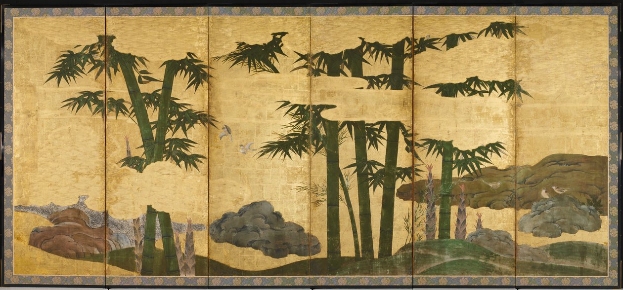 Boschetto di bambù al chiaro di luna, inizio XVI secolo (Coppia di sei pannelli; inchiostro, colore e oro su carta) da Japanese School
