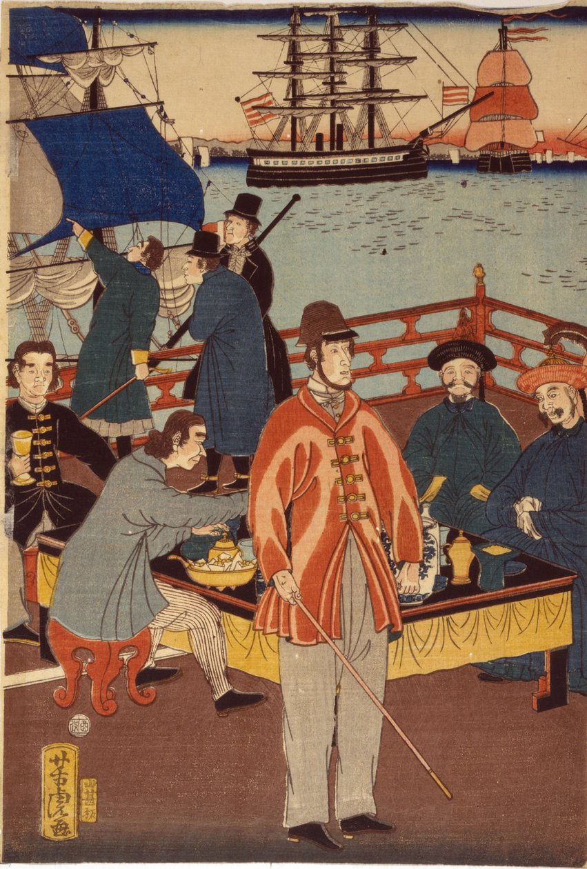 Una stampa di trittico che mostra mercanti europei che si ristorano con giapponesi. Sullo sfondo ci sono navi nel porto di Yokohama, Giappone da Japanese School