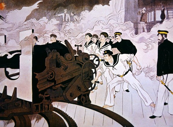 Dipinto di artiglieri navali giapponesi in azione durante la battaglia del fiume Yalu a settembre da Japanese School