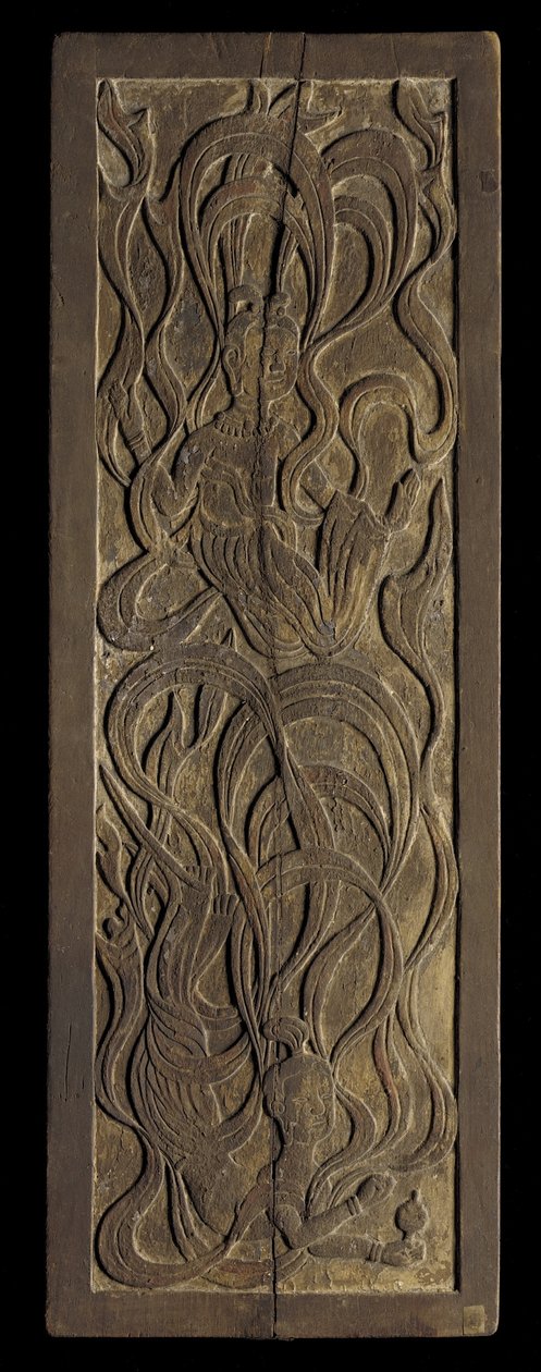 Pannello con bassorilievo di apsaras buddiste da Japanese School