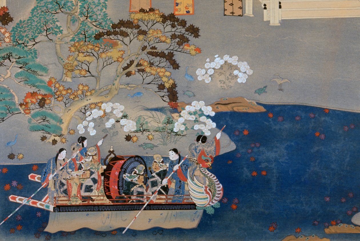 Barca a remi, illustrazione per Eiga Monogatari, di Akazome Emon, Giappone da Japanese School