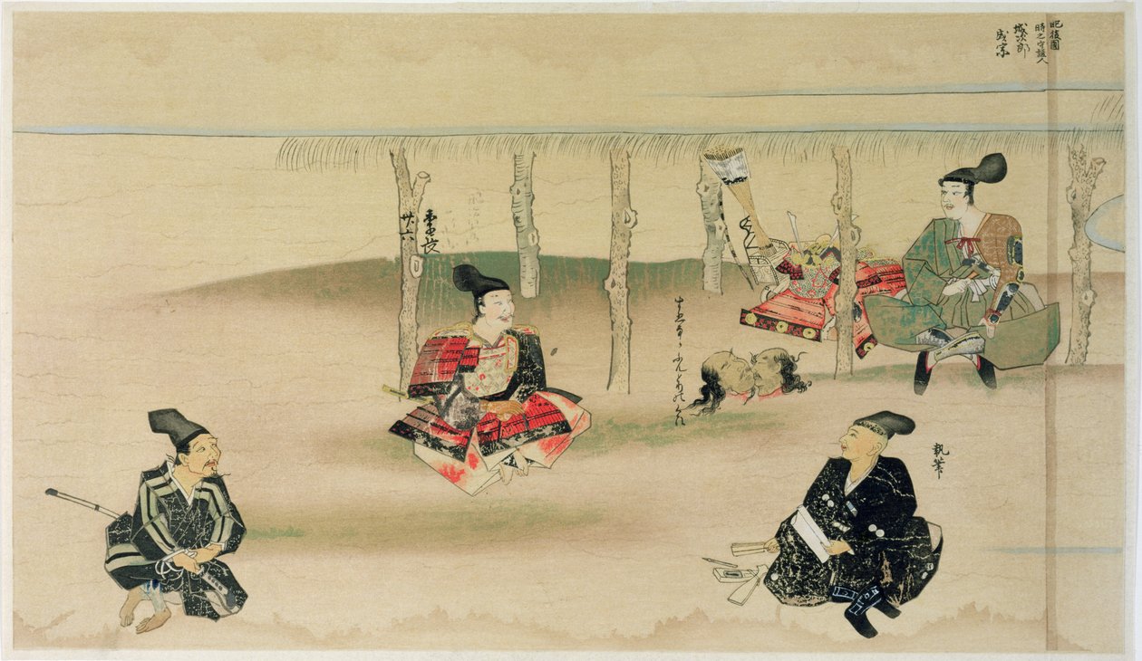 Samurai Takezaki consegna le teste di due invasori mongoli ad Adachi Morinume durante l