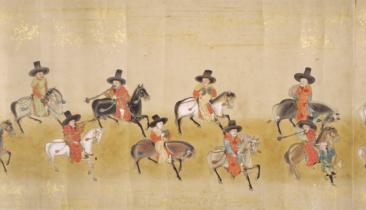 Sesta ambasciata coreana in Giappone nel Meireki 1 al tempo della successione di Tokugawa Ietsuna nel 1651, forse di Kano Masunobu (1625-94) (dipinto su rotolo) (dettaglio) da Japanese School