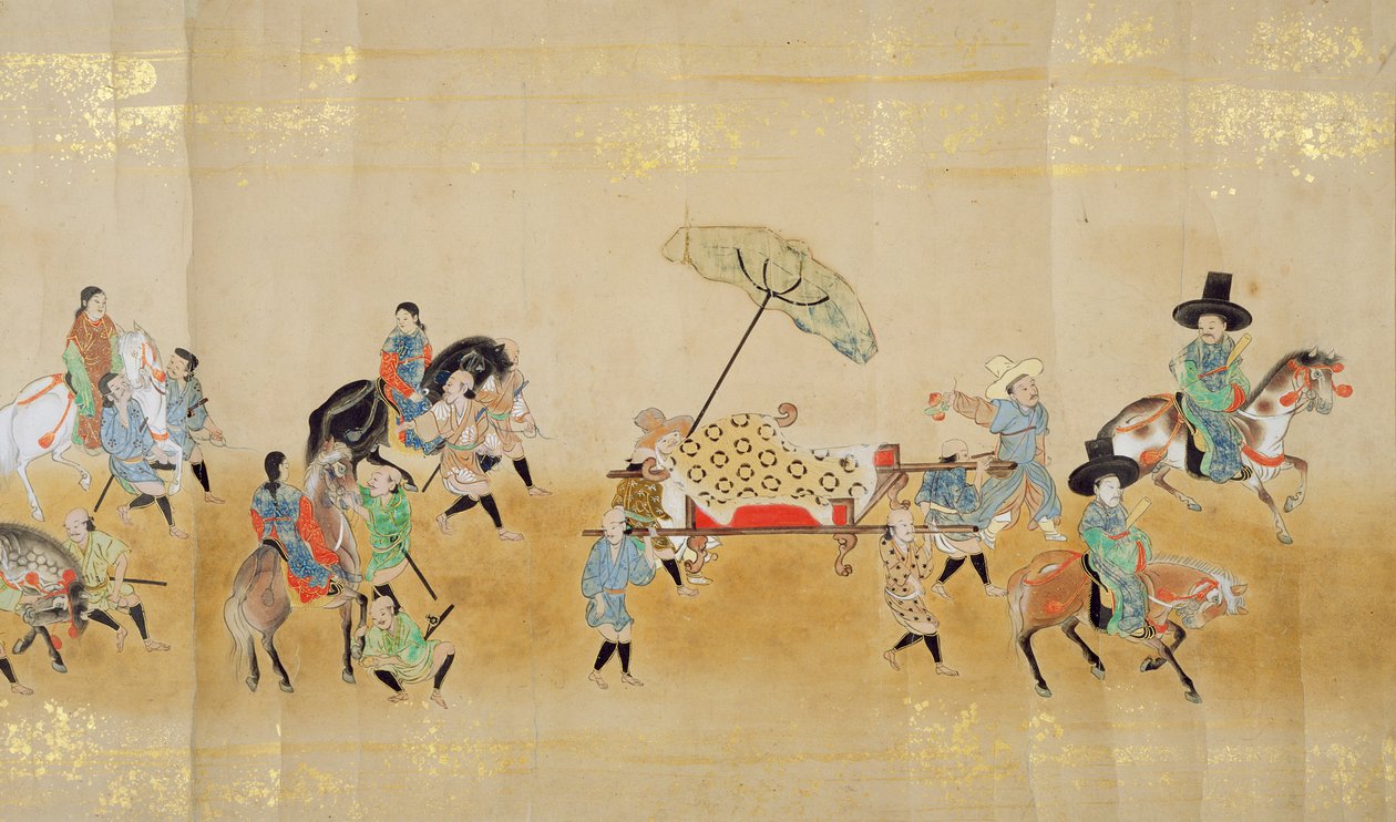 Sesta ambasciata coreana in Giappone nel Meireki 1 al tempo della successione di Tokugawa Ietsuna nel 1651, forse di Kano Masunobu (1625-94) (dipinto su rotolo) (dettaglio) da Japanese School