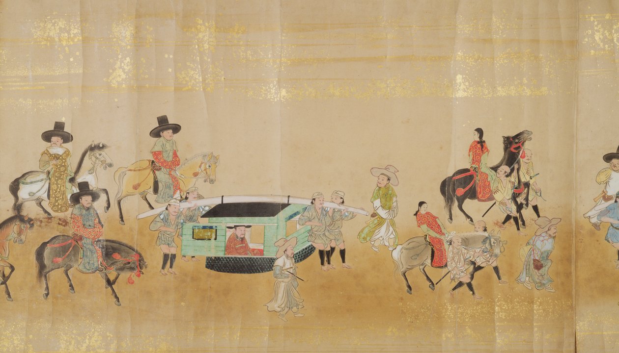 Sesta ambasciata coreana in Giappone nel Meireki 1 al tempo della successione di Tokugawa Ietsuna nel 1651, forse di Kano Masunobu (1625-94) (dipinto su rotolo) (dettaglio) da Japanese School