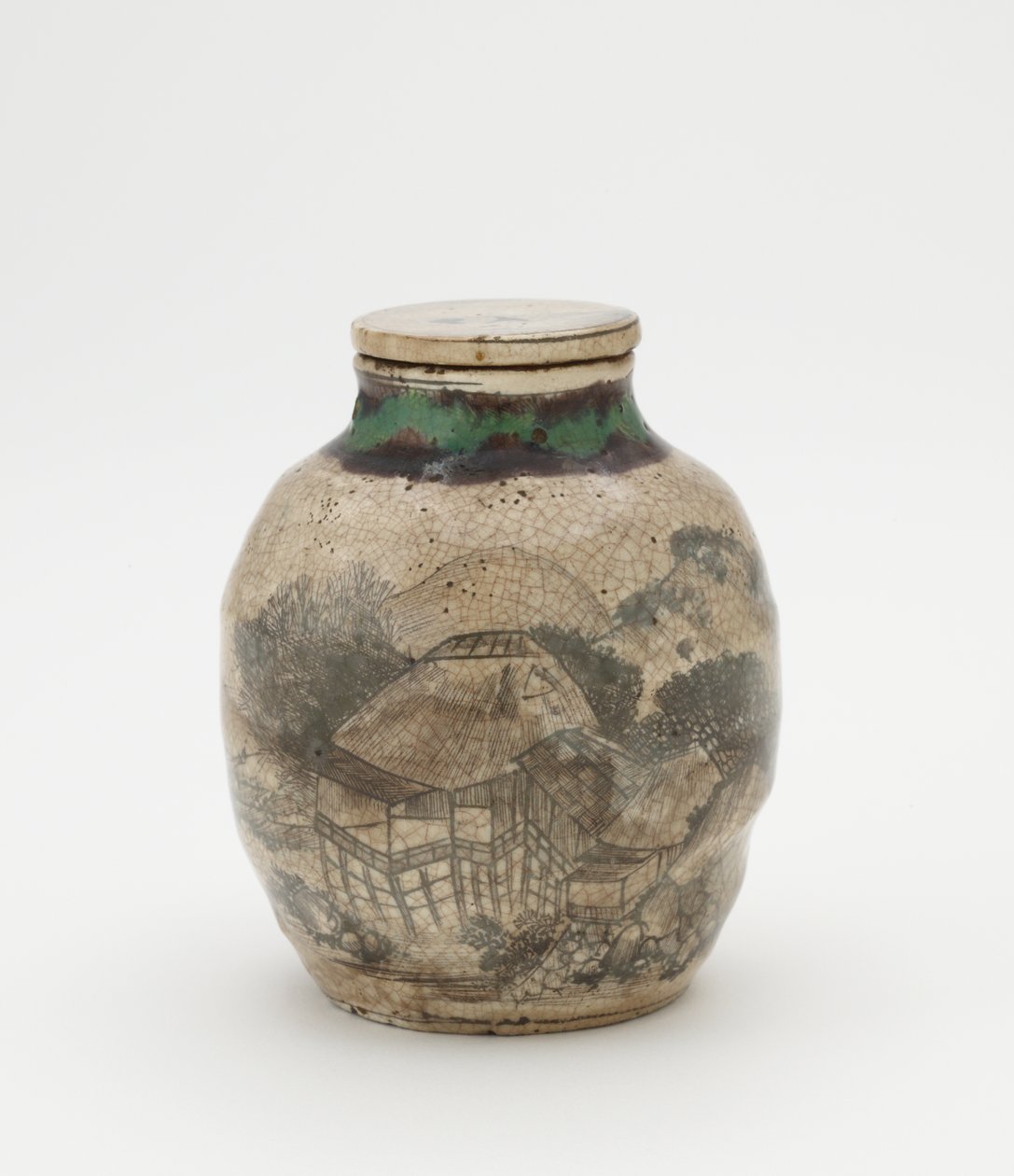 Vaso per foglie di tè per sencha, con coperchio abbinato, ceramica correlata a Kyoto da Japanese School