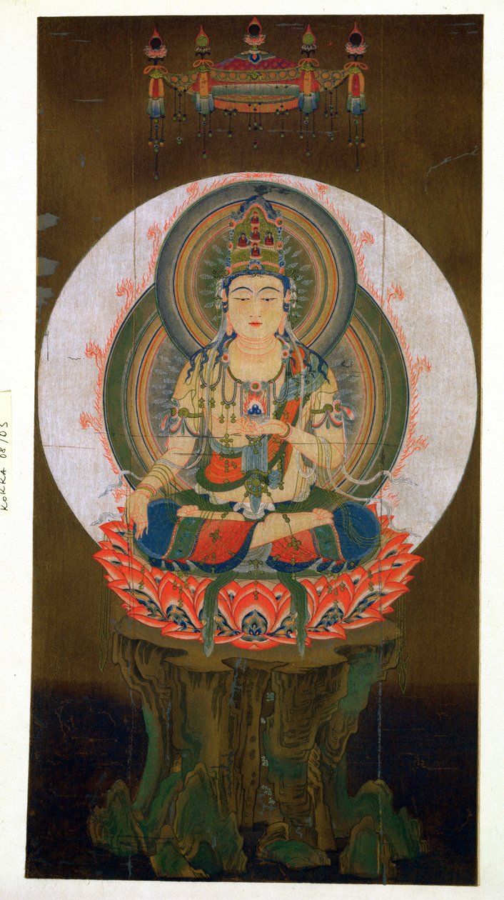 Il Bodhisattva Akashagarba che tiene il gioiello Cintamani (che esaudisce i desideri) nella mano sinistra e seduto su un loto, illustrazione da un kakemono del IX secolo dal tempio di Daigo da Japanese School