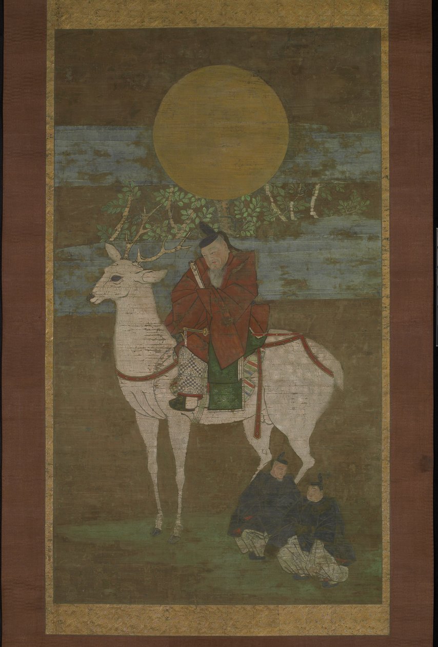 La partenza da Kashima (Divinità del Kasuga fuori), fine XIV secolo (Rotolo appeso: inchiostro, colore e oro su seta) da Japanese School