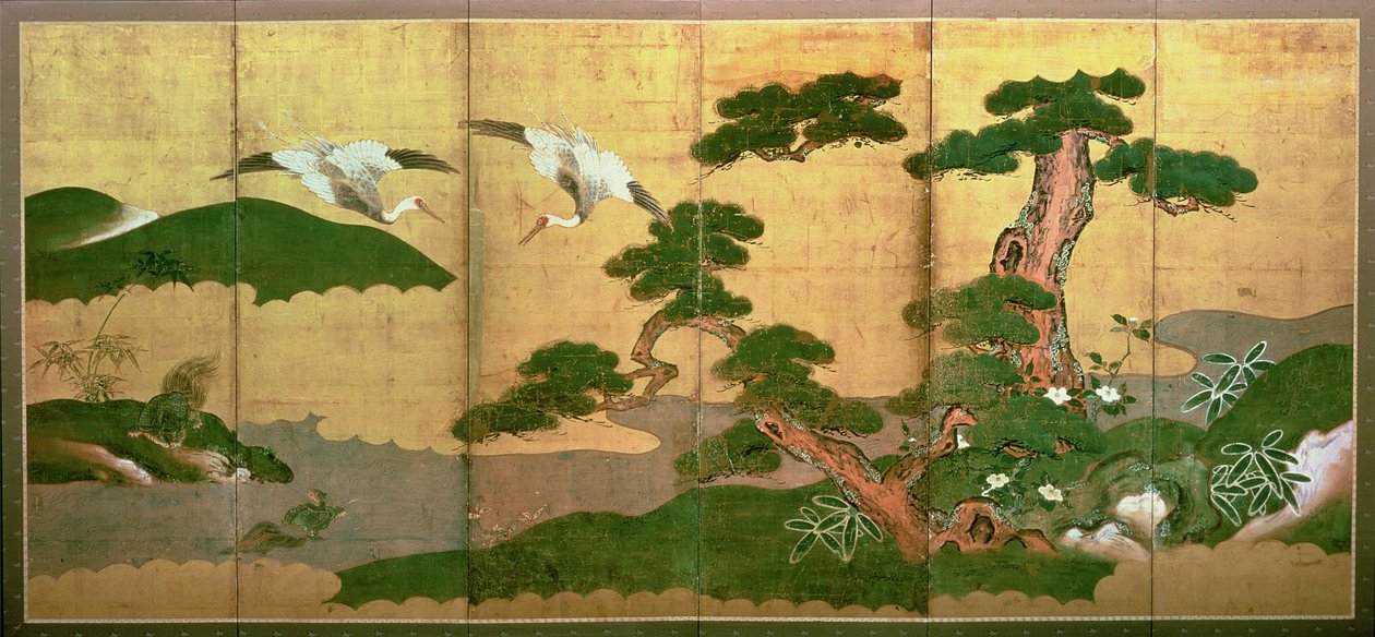 Due Gru che Si Tuffano Dietro Pino e Roccia, Periodo Edo da Japanese School