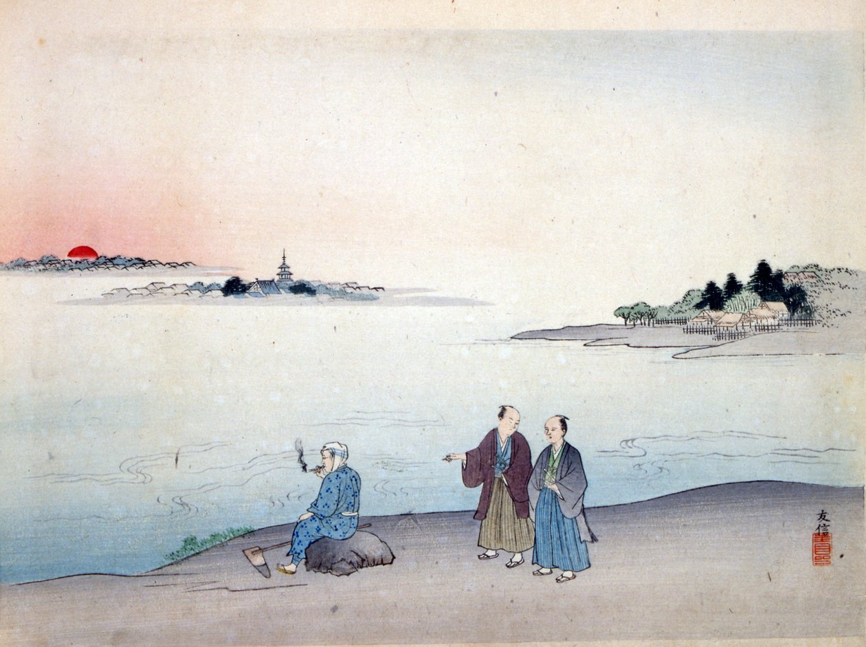 Due uomini che camminano vicino a un lago, c. 1870 da Japanese School