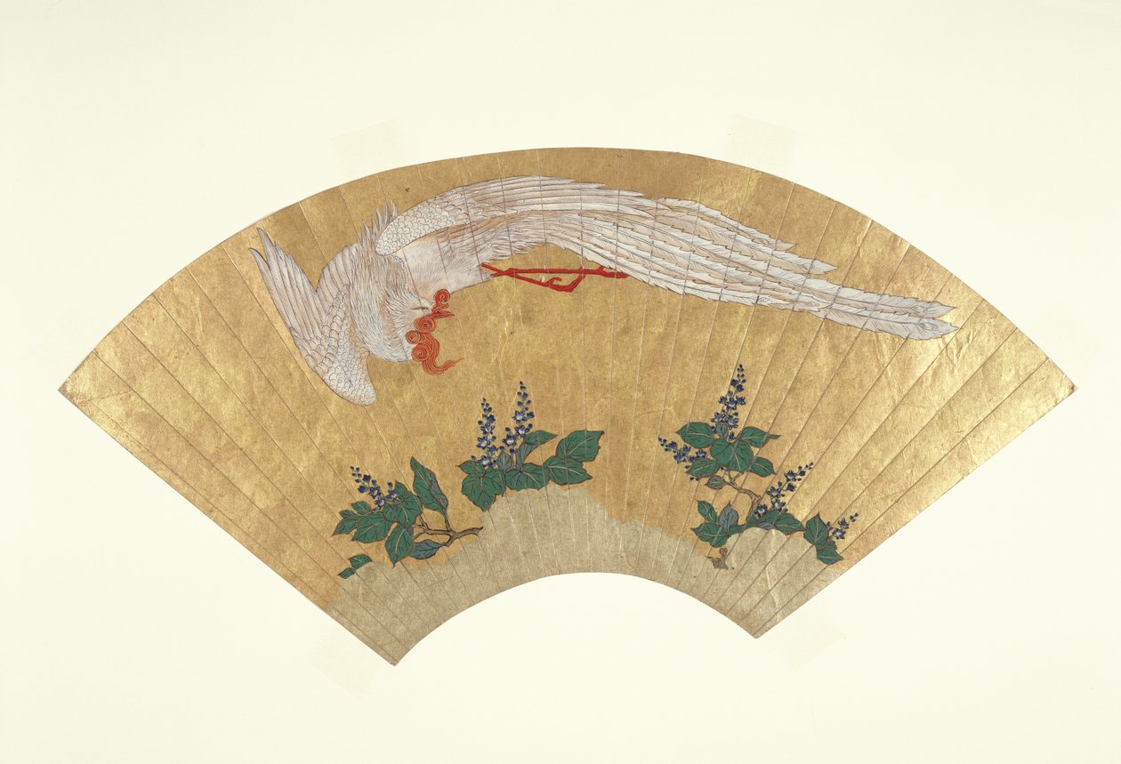 Ventaglio non montato: Uccello che si tuffa su bambù coperto di neve, c.1700-60 da Japanese School