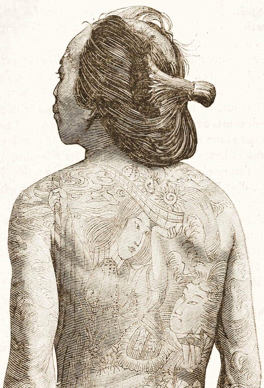 Uomo con tatuaggi tradizionali giapponesi Irezumi, c.1880 da Japanese School