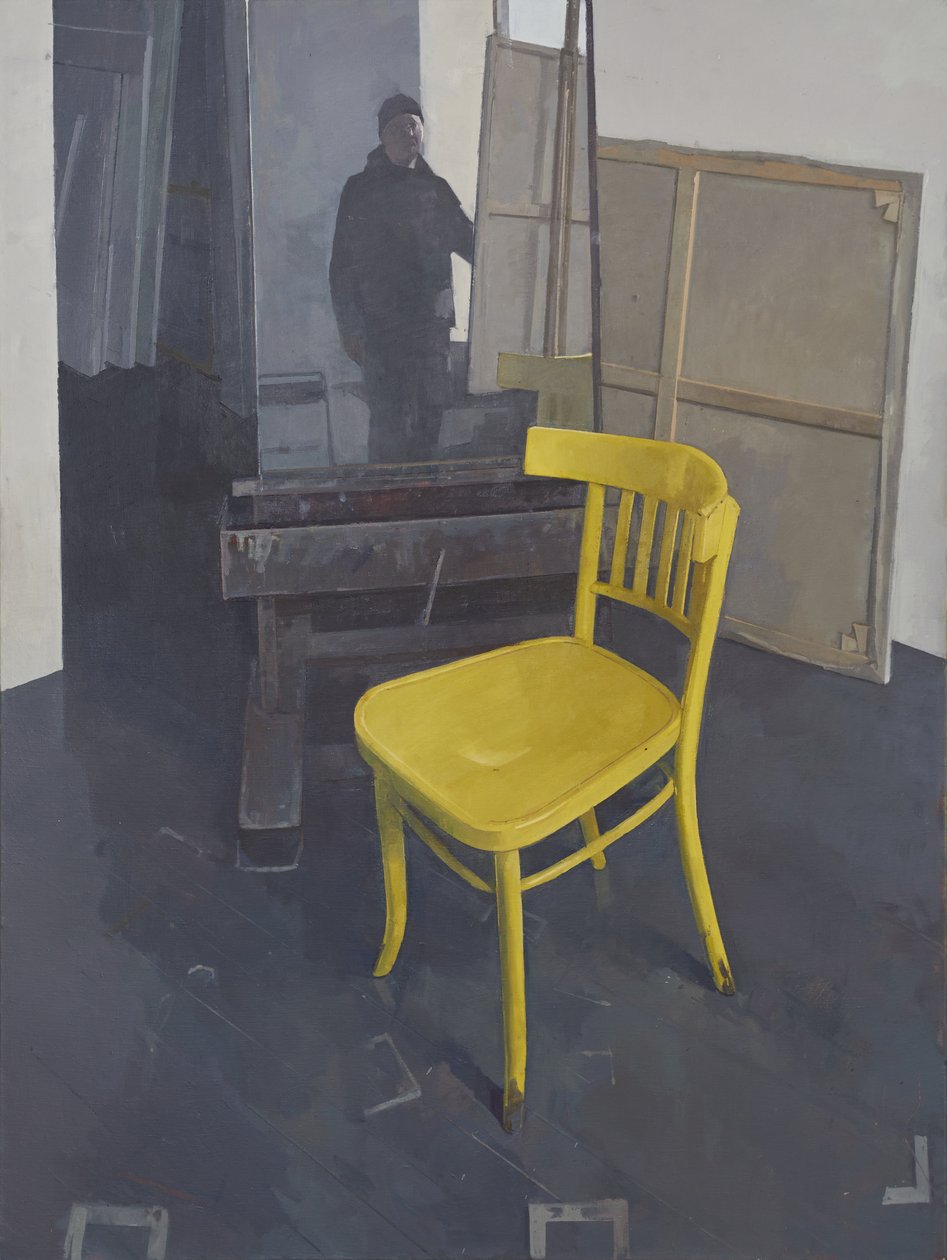Interno di studio con sedia gialla, 2023 (olio su tela) da Jason Line