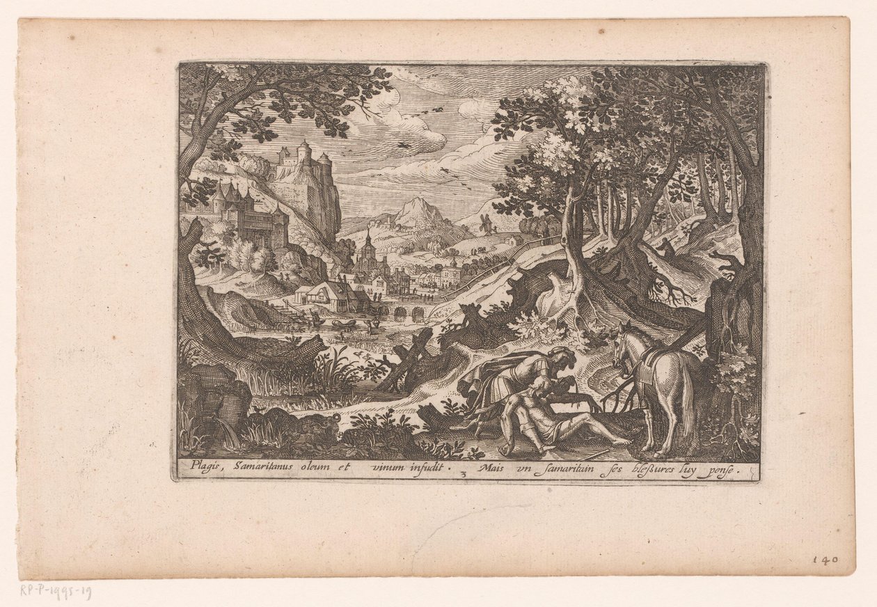 Paesaggio con la parabola del buon samaritano: il samaritano aiuta la vittima a salire sul suo cavallo da Jaspar de Isaac (attributed to)