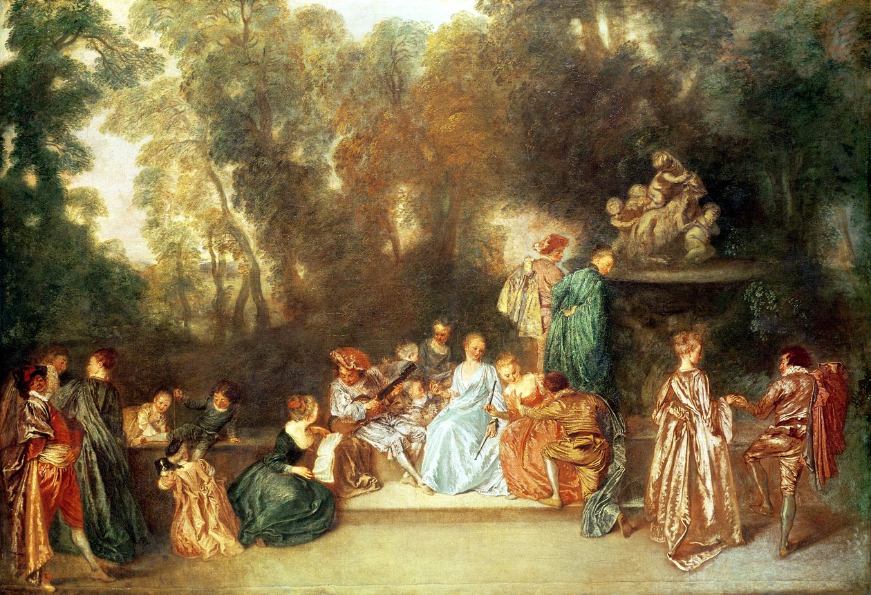 Festa galante con chitarrista e una scultura di putti che giocano con un ariete, c.1717-19 da Jean Antoine Watteau