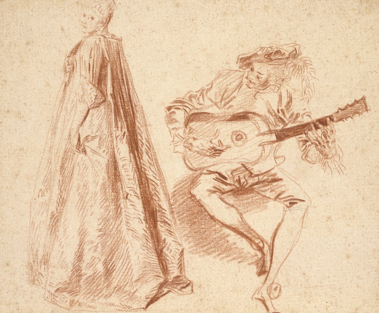 Ragazza in piedi di profilo a sinistra, guardando oltre la spalla sinistra, con un uomo, a destra, che suona una chitarra da Jean Antoine Watteau